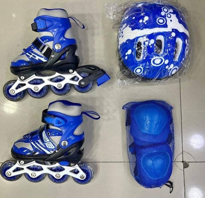 Patins à roulettes 2 en 1 – Roues interchangeables (2 ou 4 roues) – Bleu – Avec casque et protections