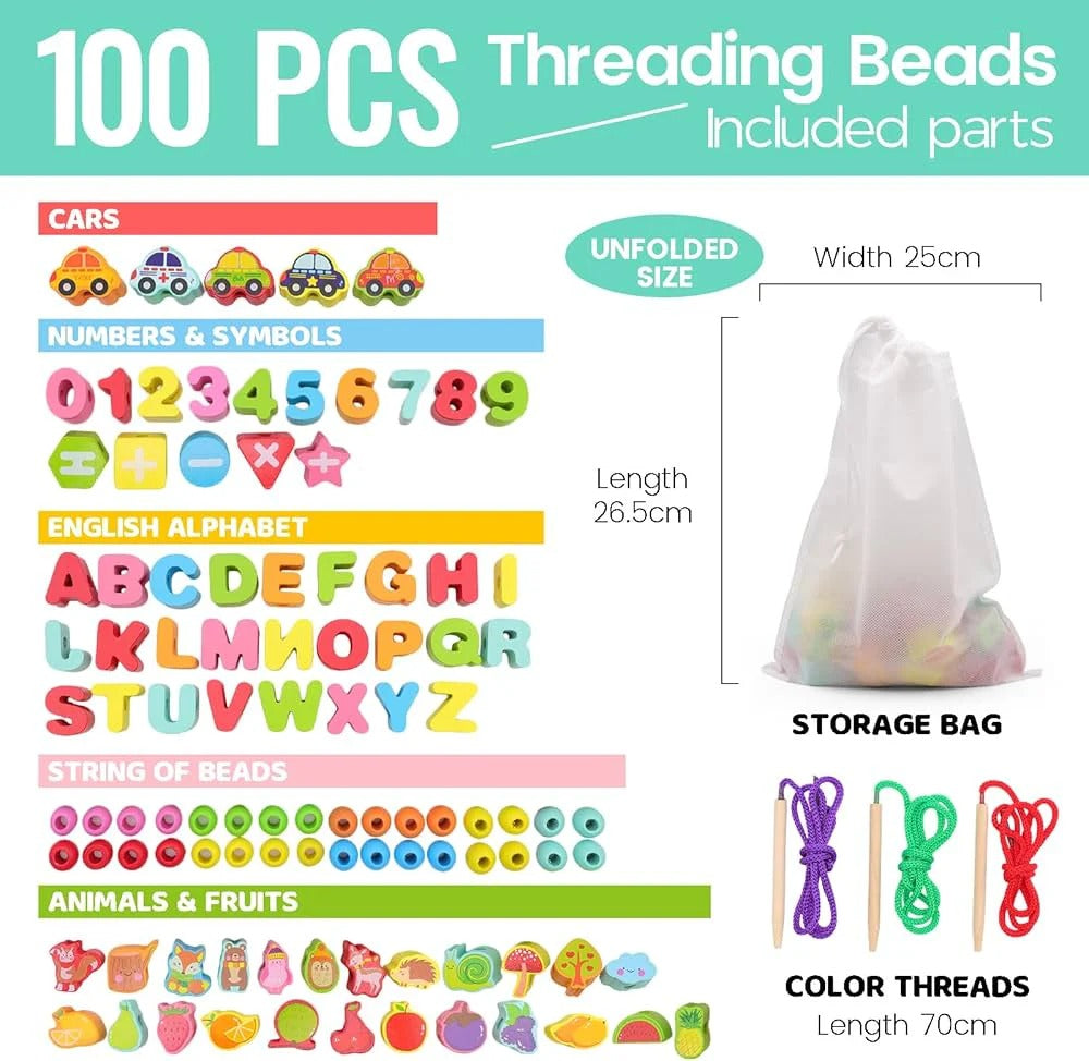 Perles d’Enfilage en Bois – 100 Blocs Éducatifs (Chiffres, Fruits, Véhicules)