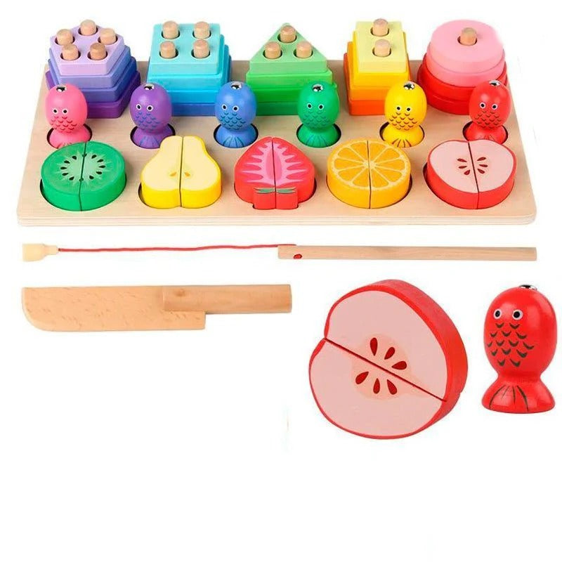 Jeu Éducatif en bois 3 en 1 – Tri des formes et fruits à découper