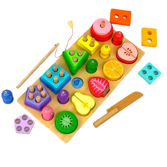 Jeu Éducatif en bois 3 en 1 – Tri des formes et fruits à découper