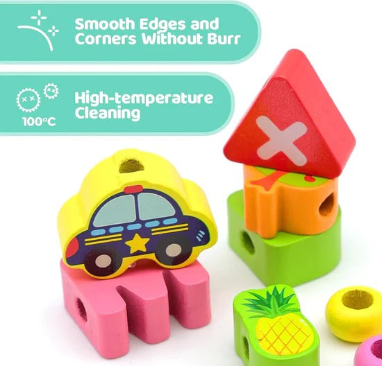 Perles d’Enfilage en Bois – 100 Blocs Éducatifs (Chiffres, Fruits, Véhicules)