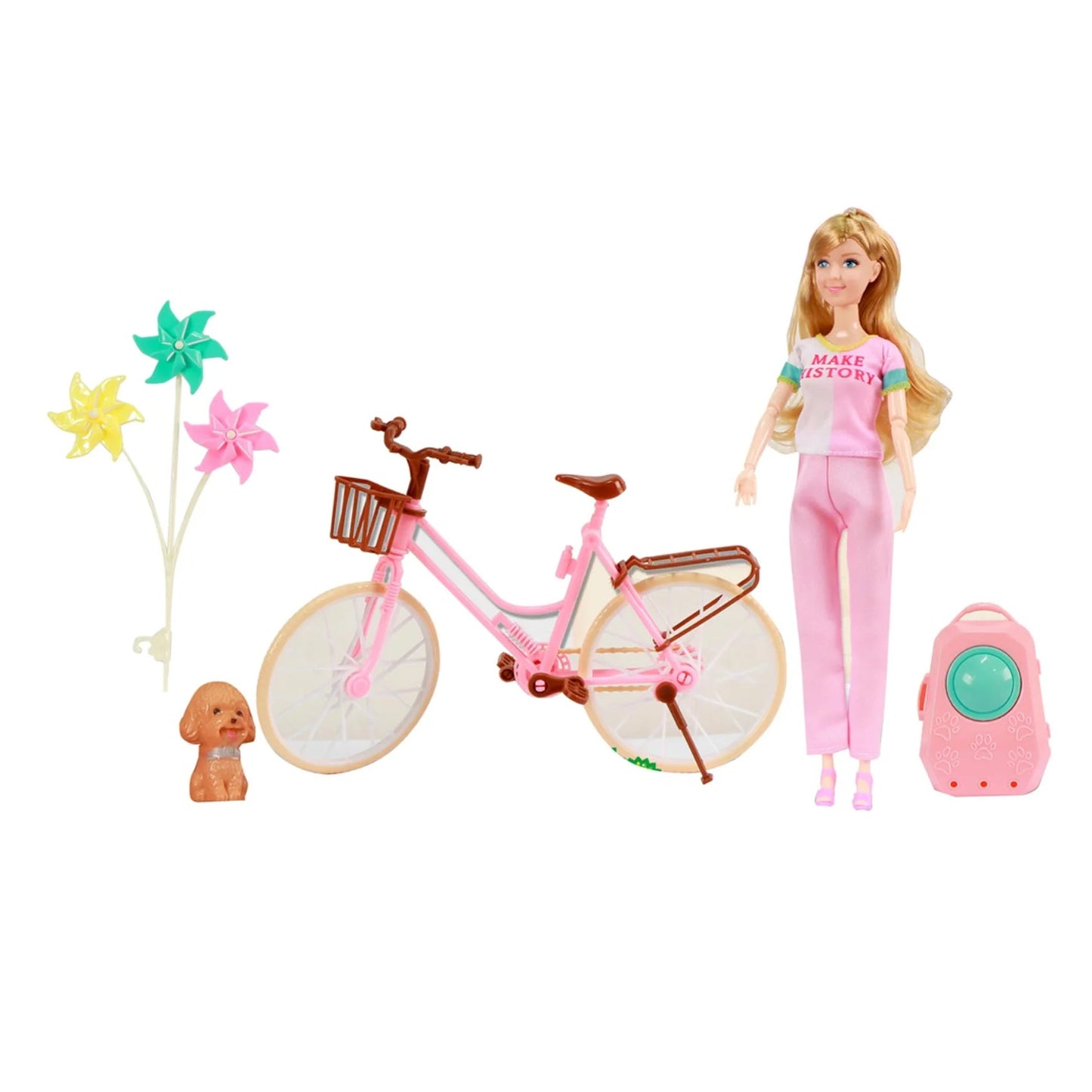 Poupée avec Vélo, Sac à Dos et Petit Chien – Jeu de Rôle Enfant