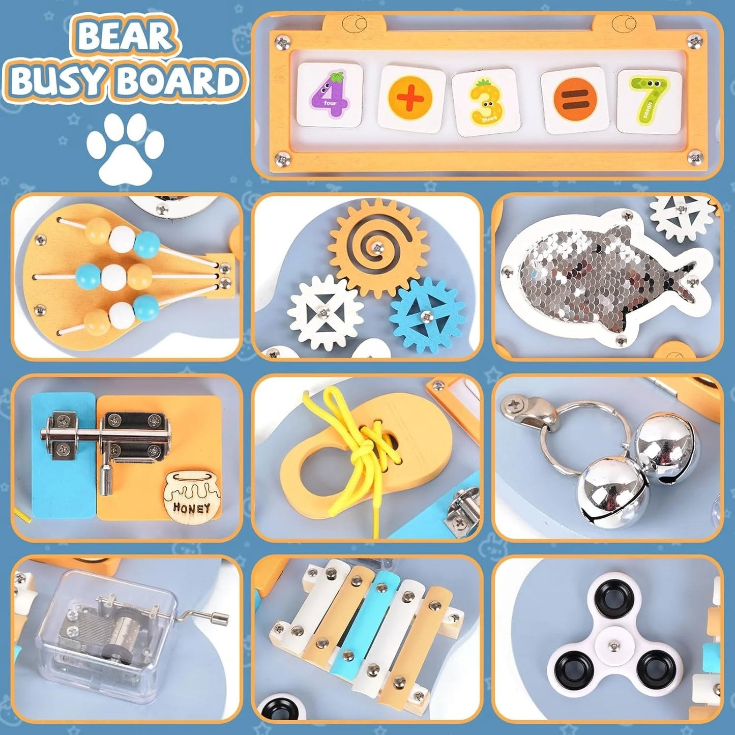 Tableau Sensoriel Montessori 10 en 1 en Bois pour Tout-Petits