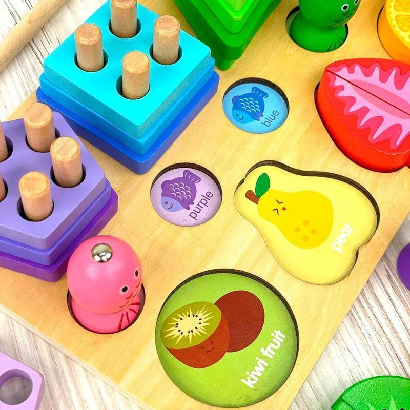 Jeu Éducatif en bois 3 en 1 – Tri des formes et fruits à découper