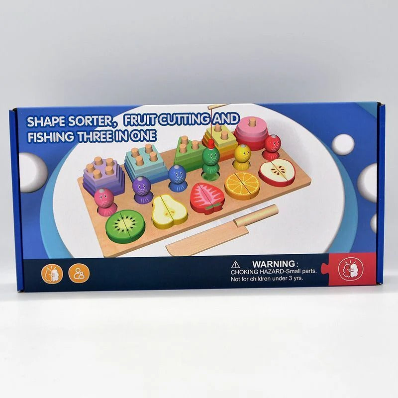 Jeu Éducatif en bois 3 en 1 – Tri des formes et fruits à découper