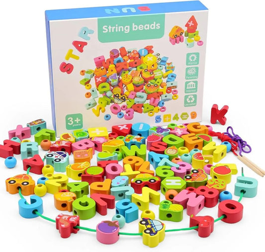 Perles d’Enfilage en Bois – 100 Blocs Éducatifs (Chiffres, Fruits, Véhicules)